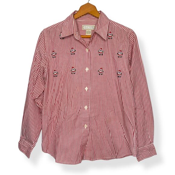 Vintage 90s women's red white striped embroidered Santa long sleeve shirt US 8 - Picture 1 of 10